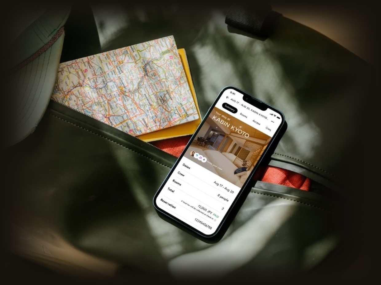The Materia guest app open on a phone, showing a stay at Kabin Kyoto